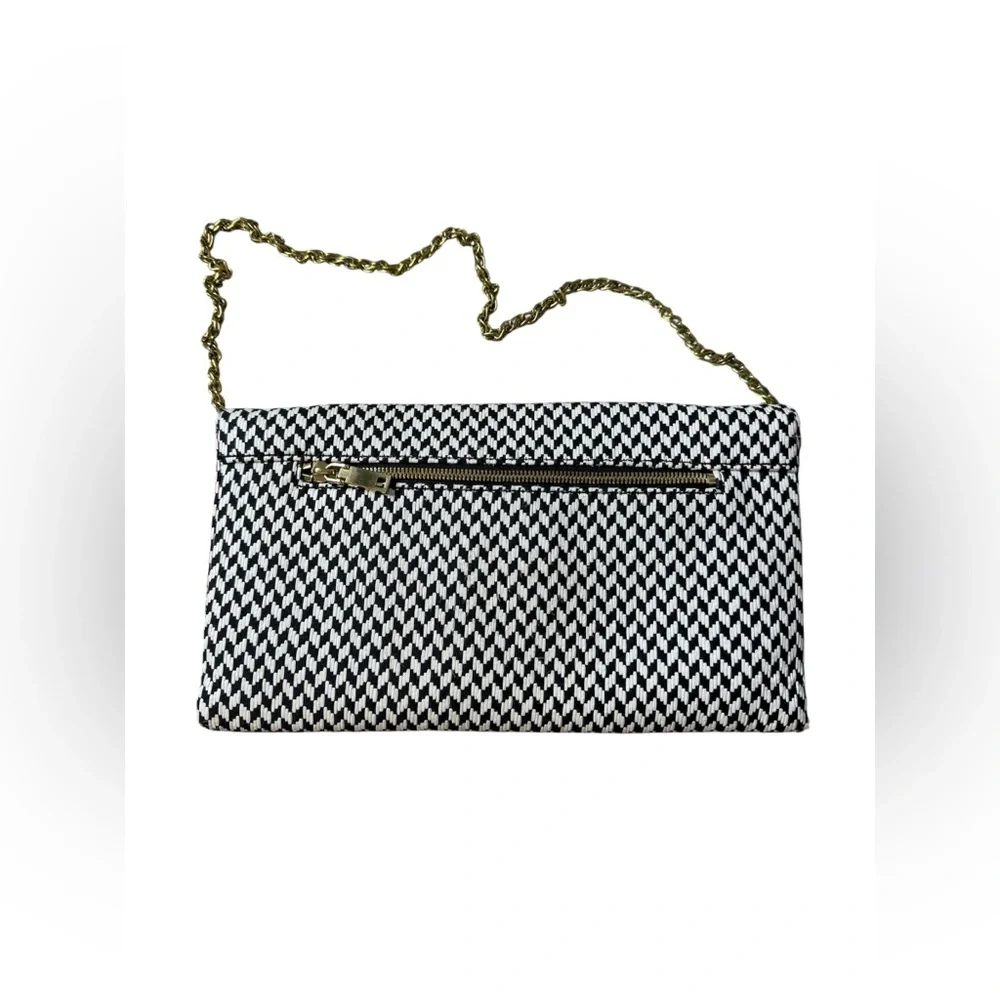 J Crew Black White Woven Envelope Clutch Gold‎ Chain